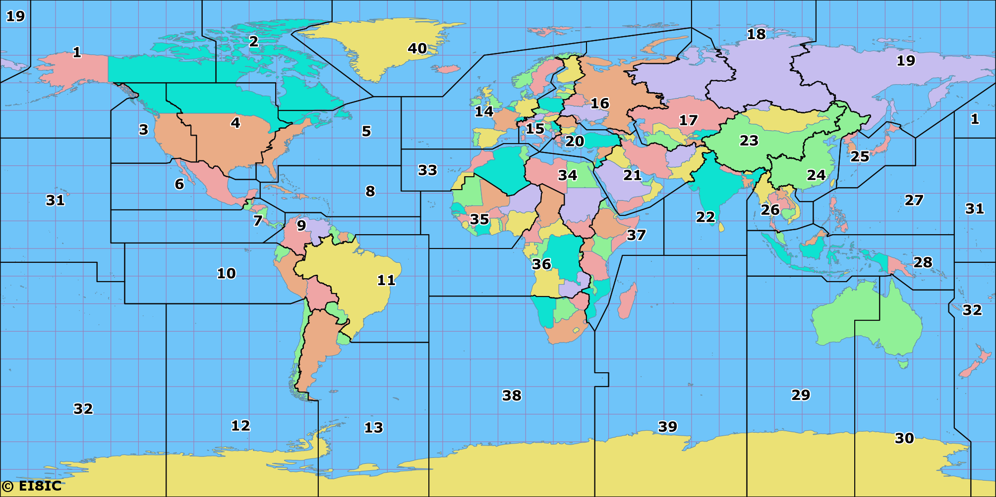 Mapa para radioaficionados Zonas CQ